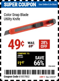 Harbor Freight Coupon COLOR SNAP BLADE UTILITY KNIFE Lot No. 60828 Expired: 2/20/22 - $0.49