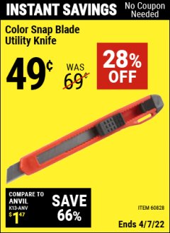 Harbor Freight Coupon COLOR SNAP BLADE UTILITY KNIFE Lot No. 60828 Expired: 4/7/22 - $0.49