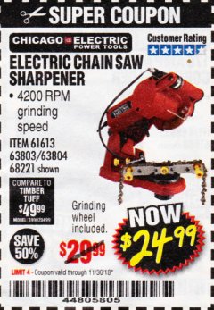 Harbor Freight Coupon ELECTRIC CHAIN SAW SHARPENER Lot No. 63804/63803/61613/68221 Expired: 11/30/18 - $24.99