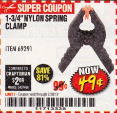 Harbor Freight Coupon 1-3/4" NYLON SPRING CLAMP Lot No. 66391 Expired: 2/28/19 - $0.49