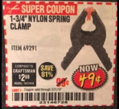 Harbor Freight Coupon 1-3/4" NYLON SPRING CLAMP Lot No. 66391 Expired: 3/31/19 - $0.49