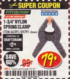 Harbor Freight Coupon 1-3/4" NYLON SPRING CLAMP Lot No. 66391 Expired: 7/31/19 - $0.79