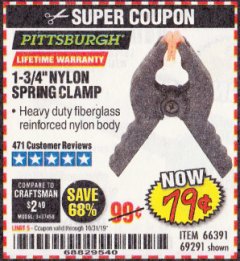 Harbor Freight Coupon 1-3/4" NYLON SPRING CLAMP Lot No. 66391 Expired: 10/31/19 - $0.79