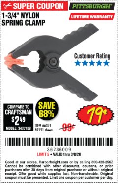 Harbor Freight Coupon 1-3/4" NYLON SPRING CLAMP Lot No. 66391 Expired: 2/8/20 - $0.79