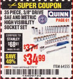 Harbor Freight Coupon QUINN 35 PIECE, 3/8" DRIVE SAE AND METRIC HIGH VISIBILITY SOCKET SET Lot No. 64555 Expired: 2/28/19 - $34.99