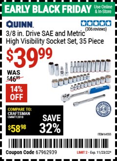Harbor Freight Coupon QUINN 35 PIECE, 3/8" DRIVE SAE AND METRIC HIGH VISIBILITY SOCKET SET Lot No. 64555 Expired: 11/23/22 - $39.99