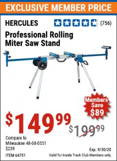 Harbor Freight ITC Coupon HERCULES HEAVY DUTY MOBILE MITER SAW STAND Lot No. 64751/56165 Expired: 9/30/20 - $149.99