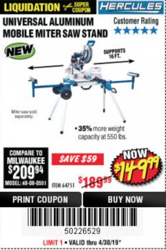 Harbor Freight Coupon HERCULES HEAVY DUTY MOBILE MITER SAW STAND Lot No. 64751/56165 Expired: 4/30/19 - $149.99