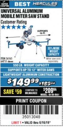 Harbor Freight Coupon HERCULES HEAVY DUTY MOBILE MITER SAW STAND Lot No. 64751/56165 Expired: 6/16/19 - $149.99