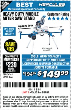 Harbor Freight Coupon HERCULES HEAVY DUTY MOBILE MITER SAW STAND Lot No. 64751/56165 Expired: 2/29/20 - $149.99