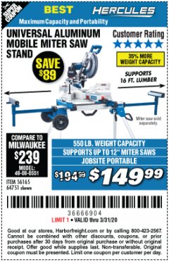 Harbor Freight Coupon HERCULES HEAVY DUTY MOBILE MITER SAW STAND Lot No. 64751/56165 Expired: 3/31/20 - $149.99