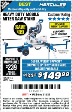 Harbor Freight Coupon HERCULES HEAVY DUTY MOBILE MITER SAW STAND Lot No. 64751/56165 Expired: 3/15/20 - $149.99