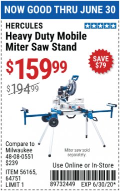 Harbor Freight Coupon HERCULES HEAVY DUTY MOBILE MITER SAW STAND Lot No. 64751/56165 Expired: 6/30/20 - $159.99
