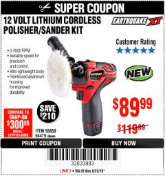 Harbor Freight Coupon EARTHQUAKE XT 12 VOLT LITHIUM CORDLESS POLISHER/SANDER KIT Lot No. 64479/56659 Expired: 6/23/19 - $89.99