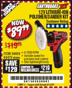 Harbor Freight Coupon EARTHQUAKE XT 12 VOLT LITHIUM CORDLESS POLISHER/SANDER KIT Lot No. 64479/56659 Expired: 3/1/20 - $89.99