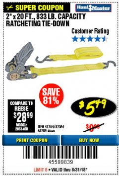 Harbor Freight Coupon 2" x 20 FT. RATCHETING TIE DOWN Lot No. 61289/47764/62364 Expired: 8/31/18 - $5.49