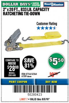 Harbor Freight Coupon 2" x 20 FT. RATCHETING TIE DOWN Lot No. 61289/47764/62364 Expired: 8/5/18 - $5.5