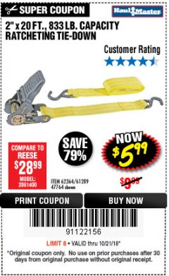 Harbor Freight Coupon 2" x 20 FT. RATCHETING TIE DOWN Lot No. 61289/47764/62364 Expired: 10/21/18 - $5.99
