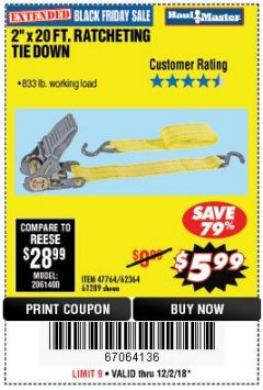 Harbor Freight Coupon 2" x 20 FT. RATCHETING TIE DOWN Lot No. 61289/47764/62364 Expired: 12/2/18 - $5.99