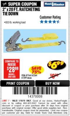 Harbor Freight ITC Coupon 2" x 20 FT. RATCHETING TIE DOWN Lot No. 61289/47764/62364 Expired: 1/10/19 - $6.99