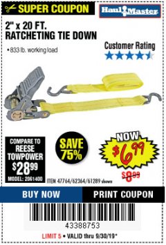 Harbor Freight Coupon 2" x 20 FT. RATCHETING TIE DOWN Lot No. 61289/47764/62364 Expired: 9/30/19 - $6.99