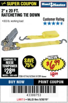 Harbor Freight Coupon 2" x 20 FT. RATCHETING TIE DOWN Lot No. 61289/47764/62364 Expired: 9/30/19 - $6.99
