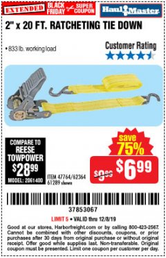Harbor Freight Coupon 2" x 20 FT. RATCHETING TIE DOWN Lot No. 61289/47764/62364 Expired: 12/8/19 - $6.99