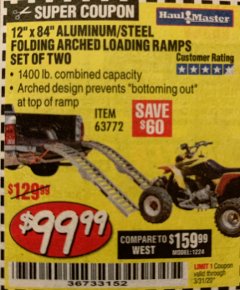 Harbor Freight Coupon 12" X 84" FOLDING ARCHED ALUMINUM/STEEL RAMPS SET OF TWO Lot No. 63772 Expired: 3/31/20 - $99.99