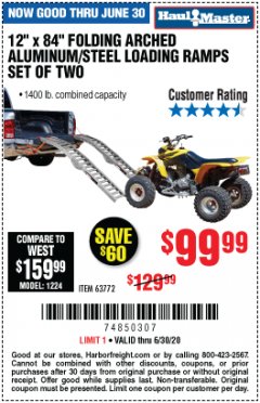 Harbor Freight Coupon 12" X 84" FOLDING ARCHED ALUMINUM/STEEL RAMPS SET OF TWO Lot No. 63772 Expired: 6/30/20 - $99.99