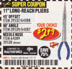 Harbor Freight Coupon 11" LONG REACH PLIERS Lot No. 39537/64088/39539/64087/64089/39538 Expired: 7/31/19 - $2.49
