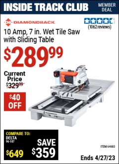 Harbor Freight ITC Coupon 1.5 HP, 7" TILE SAW WITH SLIDING TABLE Lot No. 64683 Expired: 4/27/23 - $289.99