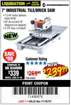 Harbor Freight Coupon 1.5 HP, 7" TILE SAW WITH SLIDING TABLE Lot No. 64683 Expired: 11/10/19 - $239.99