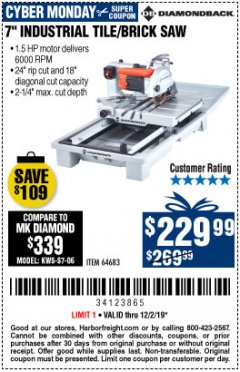 Harbor Freight Coupon 1.5 HP, 7" TILE SAW WITH SLIDING TABLE Lot No. 64683 Expired: 12/2/19 - $229.99
