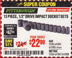 Harbor Freight Coupon 13 PIECE, 1/2" DRIVE IMPACT SOCKET SETS Lot No. 64385/64386/64387/64388 Expired: 2/28/19 - $22.99