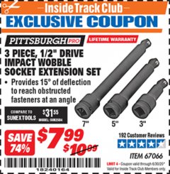 Harbor Freight ITC Coupon 3 PIECE, 1/2" DRIVE IMPACT WOBBLE SOCKET EXTENSION SET Lot No. 67066 Expired: 6/30/20 - $7.99