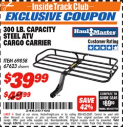 Harbor Freight ITC Coupon 300 LB. CAPACITY ATV CARGO CARRIER Lot No. 67623/69858 Expired: 9/30/18 - $39.99