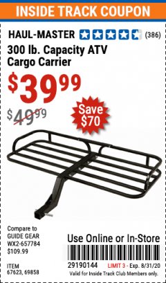 Harbor Freight ITC Coupon 300 LB. CAPACITY ATV CARGO CARRIER Lot No. 67623/69858 Expired: 8/31/20 - $39.99