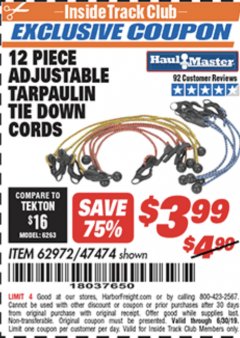 Harbor Freight ITC Coupon 12 PIECE ADJUSTABLE TARPAULIN TIE DOWN CORDS Lot No. 62972/47474 Expired: 6/30/19 - $3.99