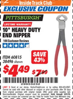 Harbor Freight ITC Coupon 10" HEAVY DUTY END NIPPER Lot No. 60815/38496 Expired: 3/31/19 - $4.49