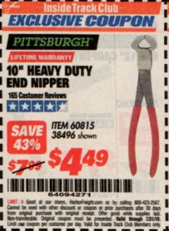 Harbor Freight ITC Coupon 10" HEAVY DUTY END NIPPER Lot No. 60815/38496 Expired: 7/31/19 - $4.49