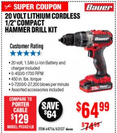 Harbor Freight Coupon 1/2" COMPACT HAMMER DRILL KIT Lot No. 64756/63527 Expired: 10/4/19 - $64.99