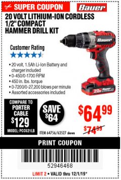 Harbor Freight Coupon 1/2" COMPACT HAMMER DRILL KIT Lot No. 64756/63527 Expired: 12/1/19 - $64.99