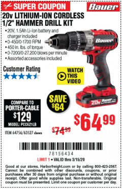 Harbor Freight Coupon 1/2" COMPACT HAMMER DRILL KIT Lot No. 64756/63527 Expired: 3/15/20 - $64.99