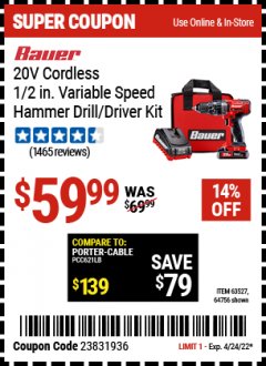 Harbor Freight Coupon 1/2" COMPACT HAMMER DRILL KIT Lot No. 64756/63527 Expired: 4/24/22 - $59.99