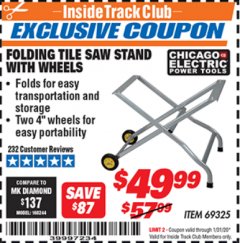 Harbor Freight ITC Coupon FOLDING TILE SAW STAND WITH WHEELS Lot No. 69325 Expired: 1/31/20 - $49.99