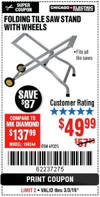 Harbor Freight Coupon FOLDING TILE SAW STAND WITH WHEELS Lot No. 69325 Expired: 3/3/19 - $49.99