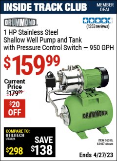 Harbor Freight ITC Coupon 1 HP STAINLESS STEEL SHALLOW WELL PUMP AND TANK Lot No. 56395/63407 Expired: 4/27/23 - $159.99