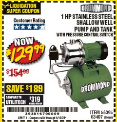 Harbor Freight Coupon 1 HP STAINLESS STEEL SHALLOW WELL PUMP AND TANK Lot No. 56395/63407 Expired: 6/30/20 - $129.99