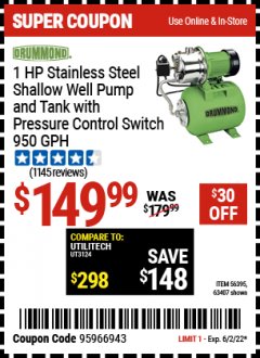 Harbor Freight Coupon 1 HP STAINLESS STEEL SHALLOW WELL PUMP AND TANK Lot No. 56395/63407 Expired: 6/2/22 - $149.99