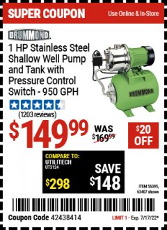 Harbor Freight Coupon 1 HP STAINLESS STEEL SHALLOW WELL PUMP AND TANK Lot No. 56395/63407 Expired: 7/17/22 - $149.99